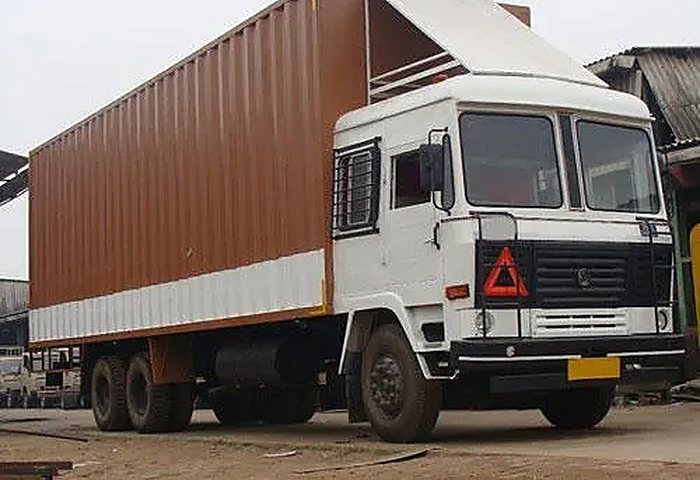 Multi axle container vehicle on a highway